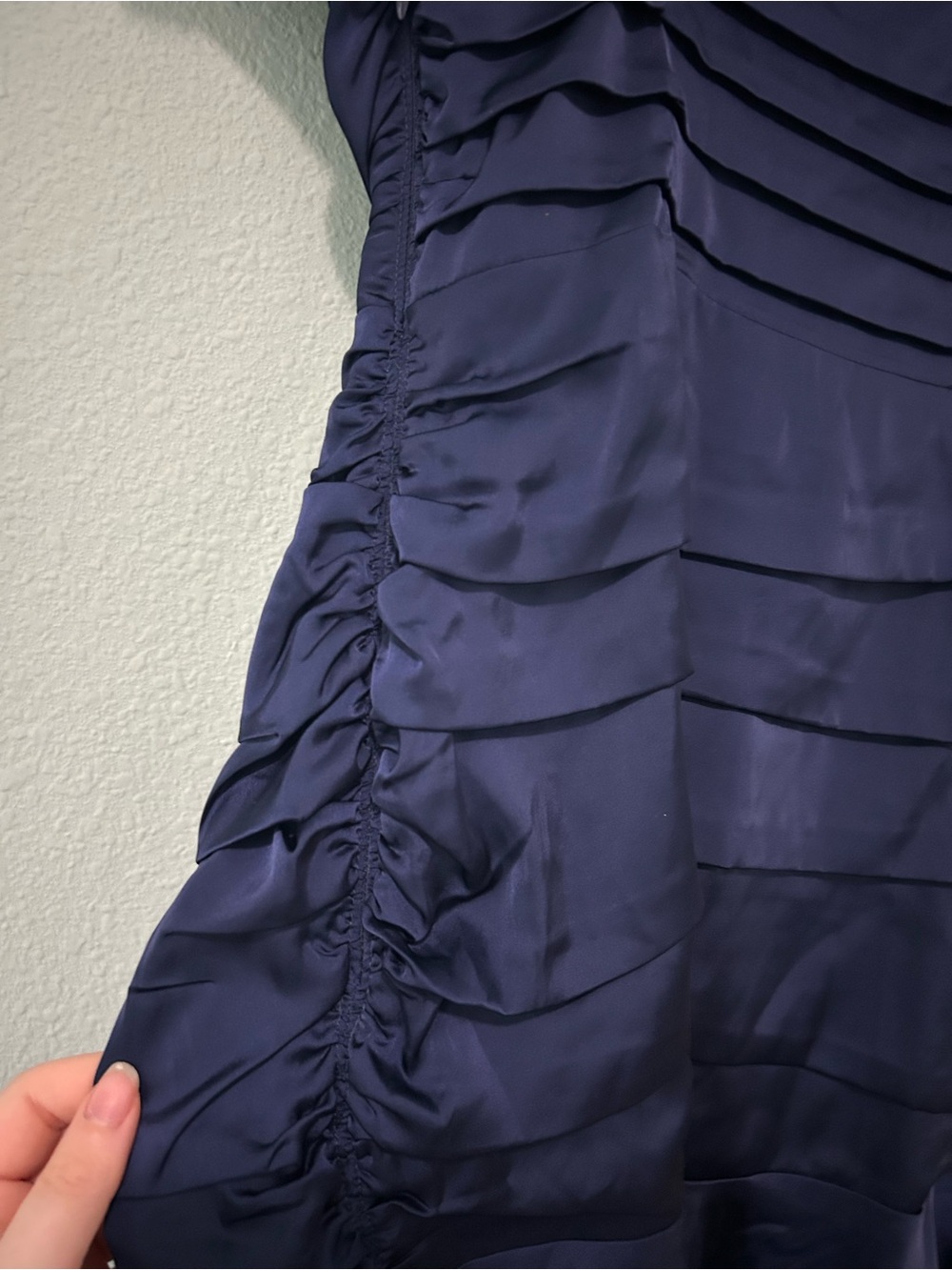 Express Navy Satin Ruched Mini Dress with Ruffle Hem- NWT! - Picture 4 of 7